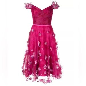 Marchesa Notte Off Shoulder Dress Ombre 3D Flower Fuchsia Pink